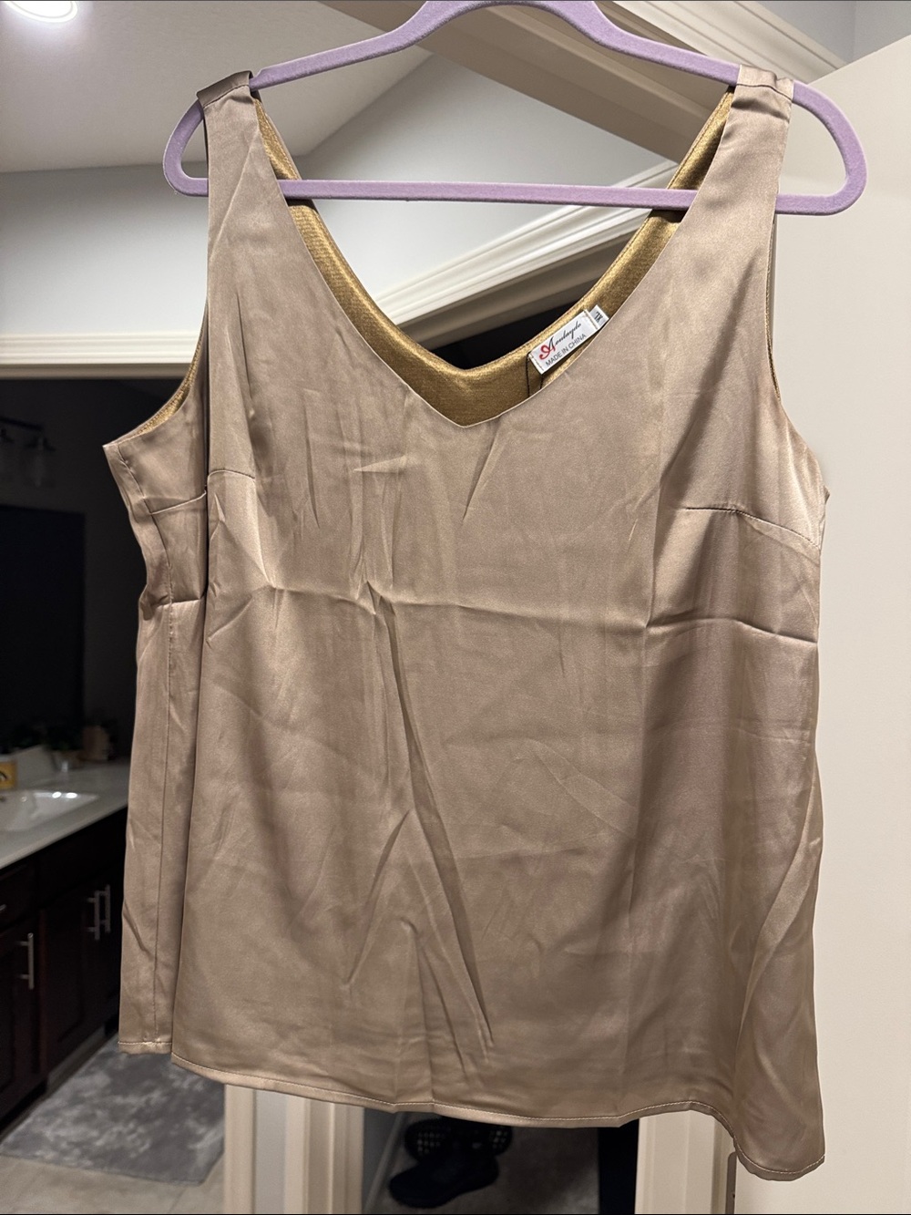 Satin V-Neck Sleeveless Top in Taupe